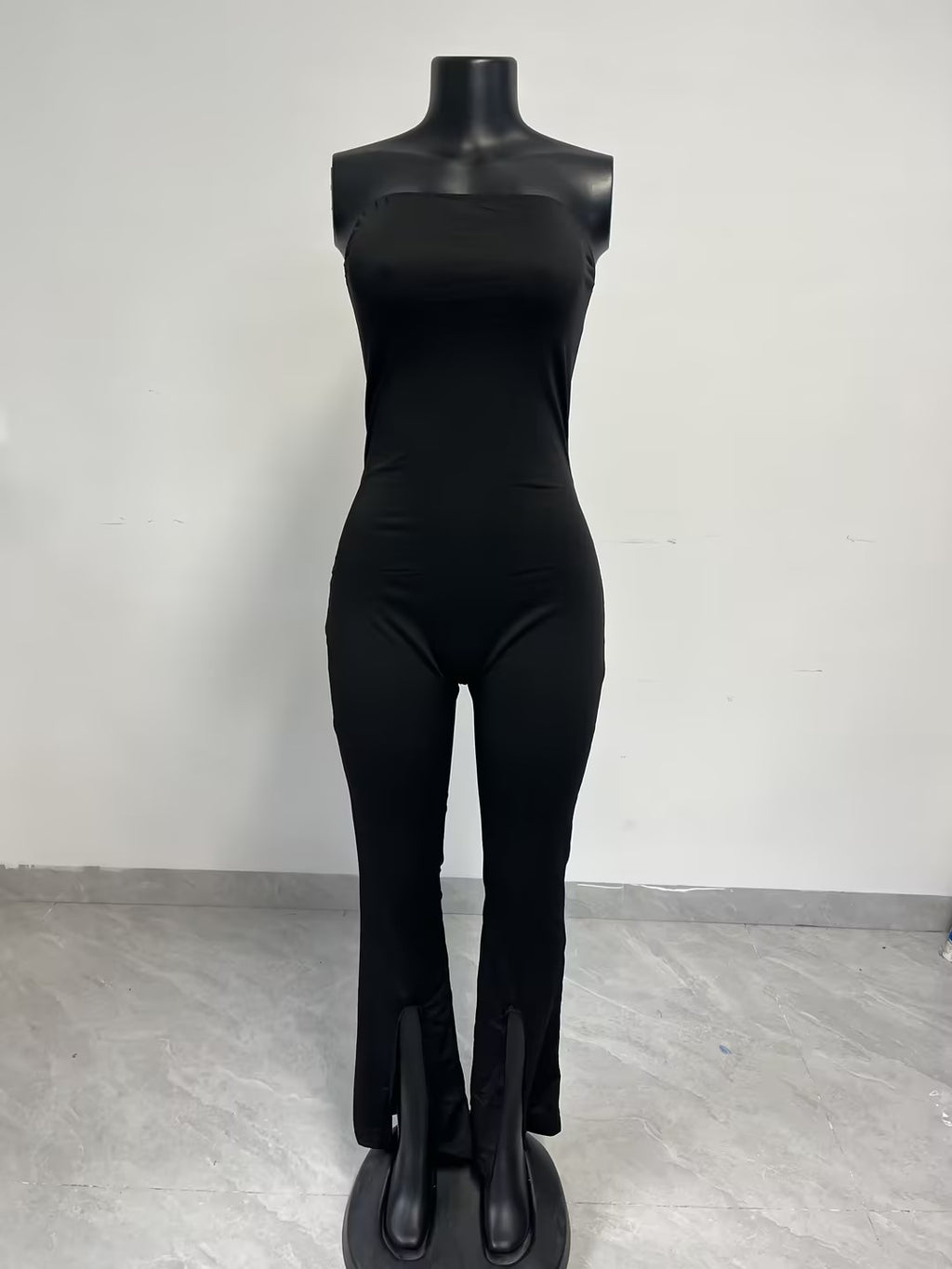 Strapless Plain Fitted Split Hem jumpsuit- Black
