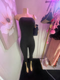 Strapless Plain Fitted Split Hem jumpsuit- Black