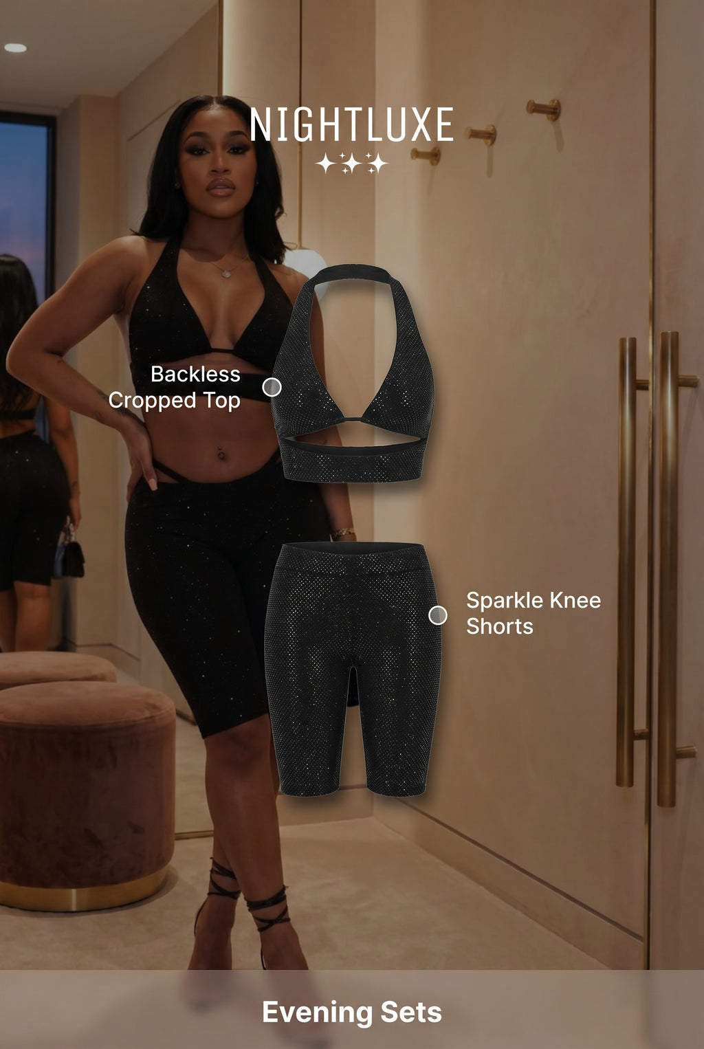 Backless Cropped Knee Shorts Sets - Black