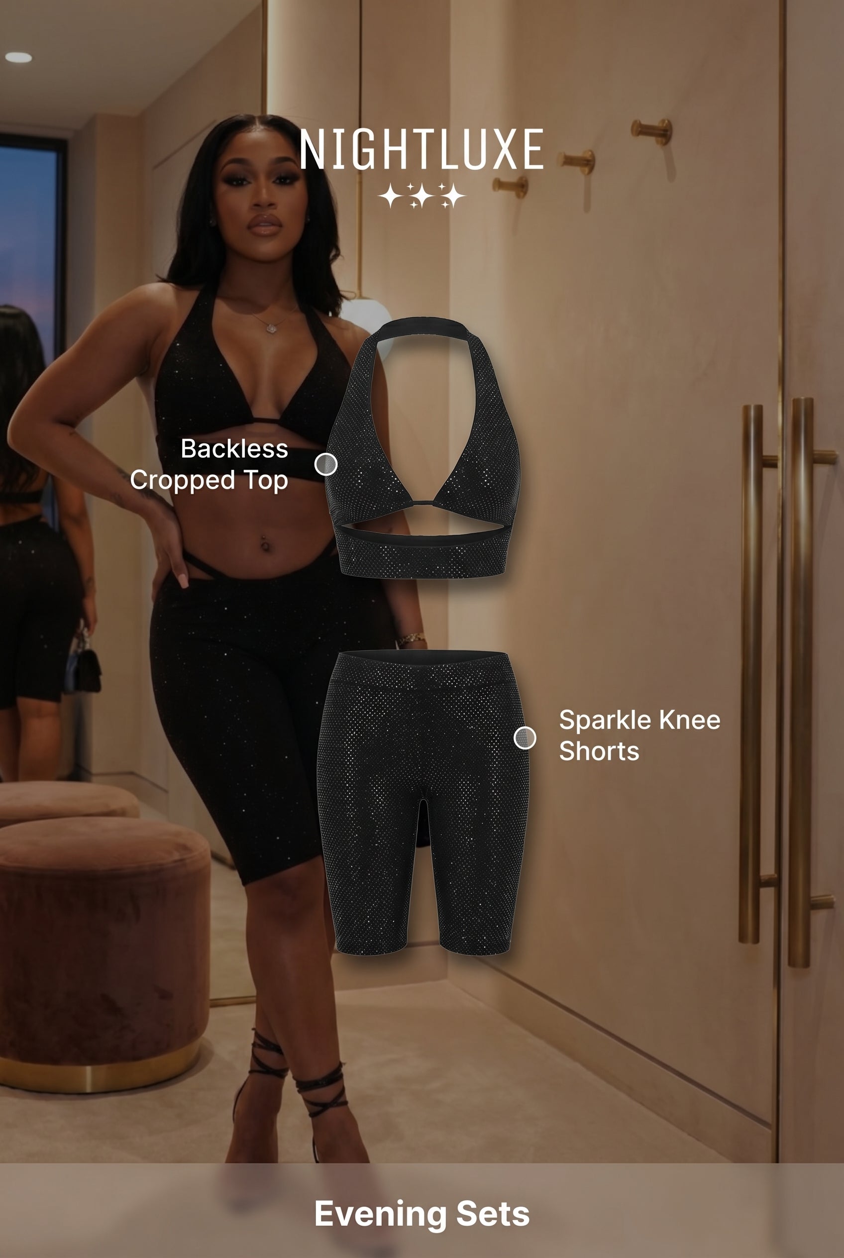 Backless Cropped Knee Shorts Sets - Black